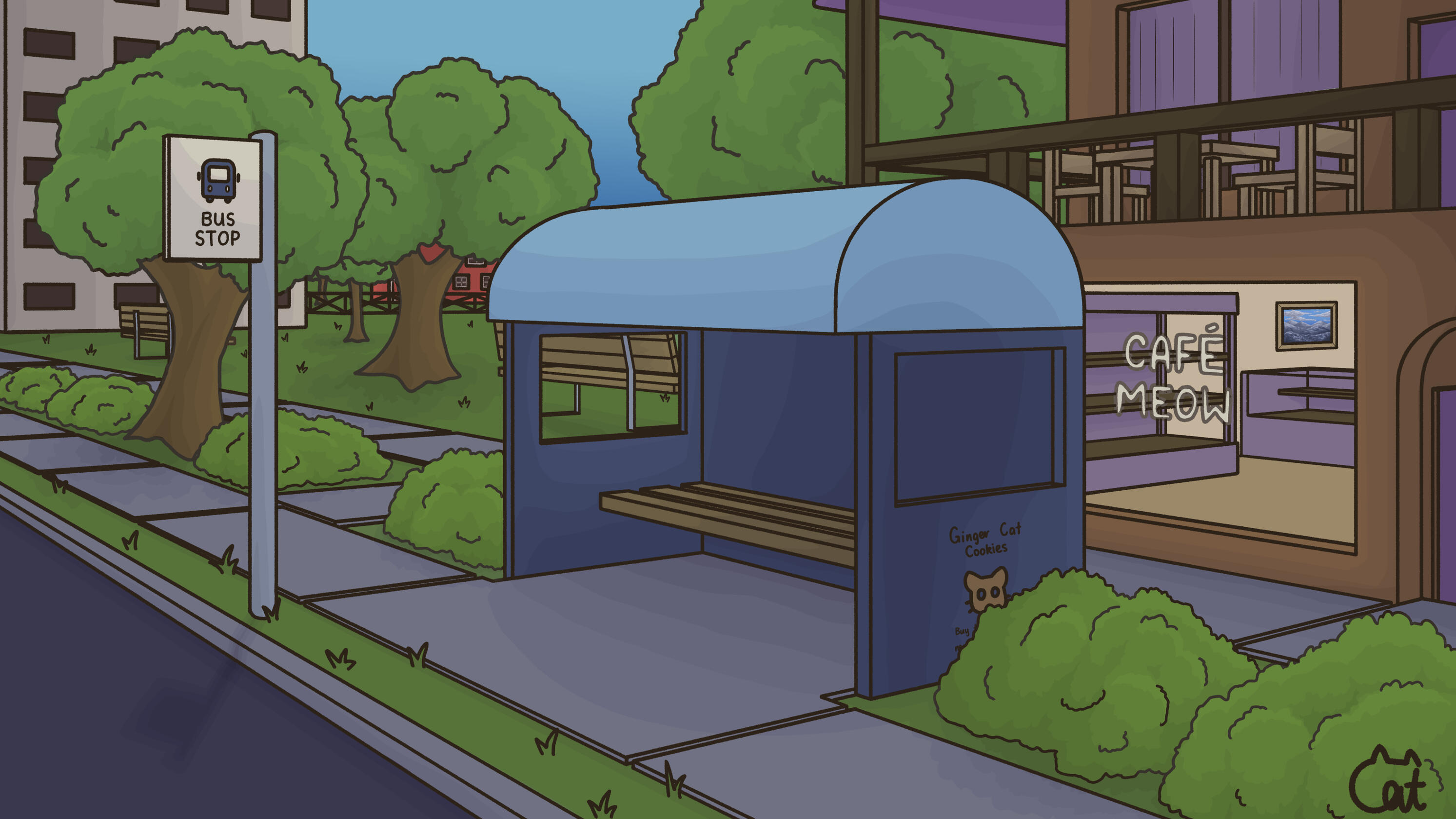 Illustrated by Cat Aethel Ethera | Potat Cat | Scene | Cafe | Bus Stop